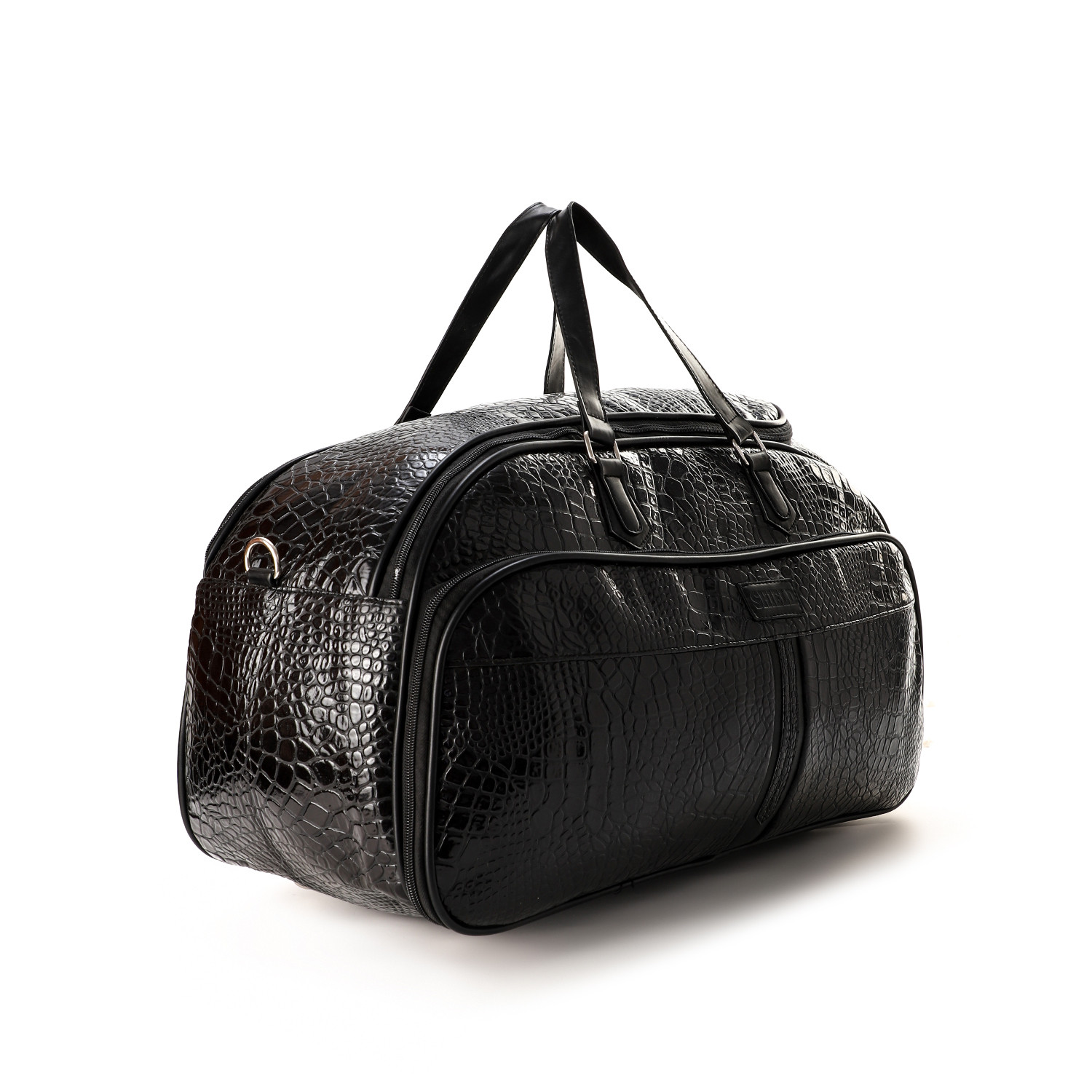 Shield Faux Leather Zipper Luggage Handbag - Black